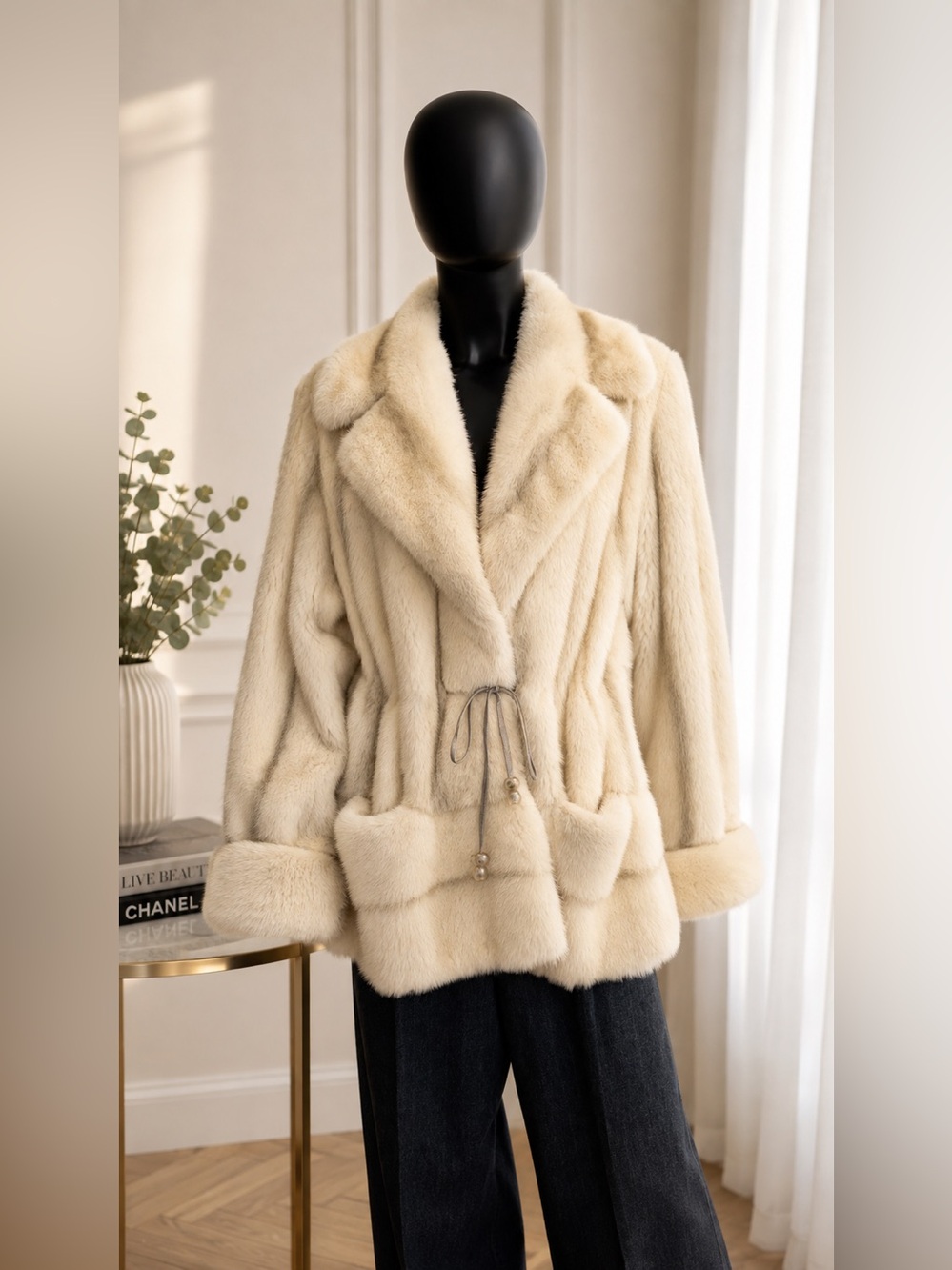 Braschi Saga Mink Fur Jacket Made in Italy Cream Ivory Luxury Fur Coat IT 44